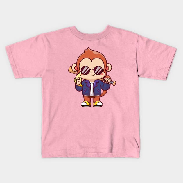 Cute Monkey With Baseball Bat With Jacket And Banana  Cartoon Kids T-Shirt by Catalyst Labs